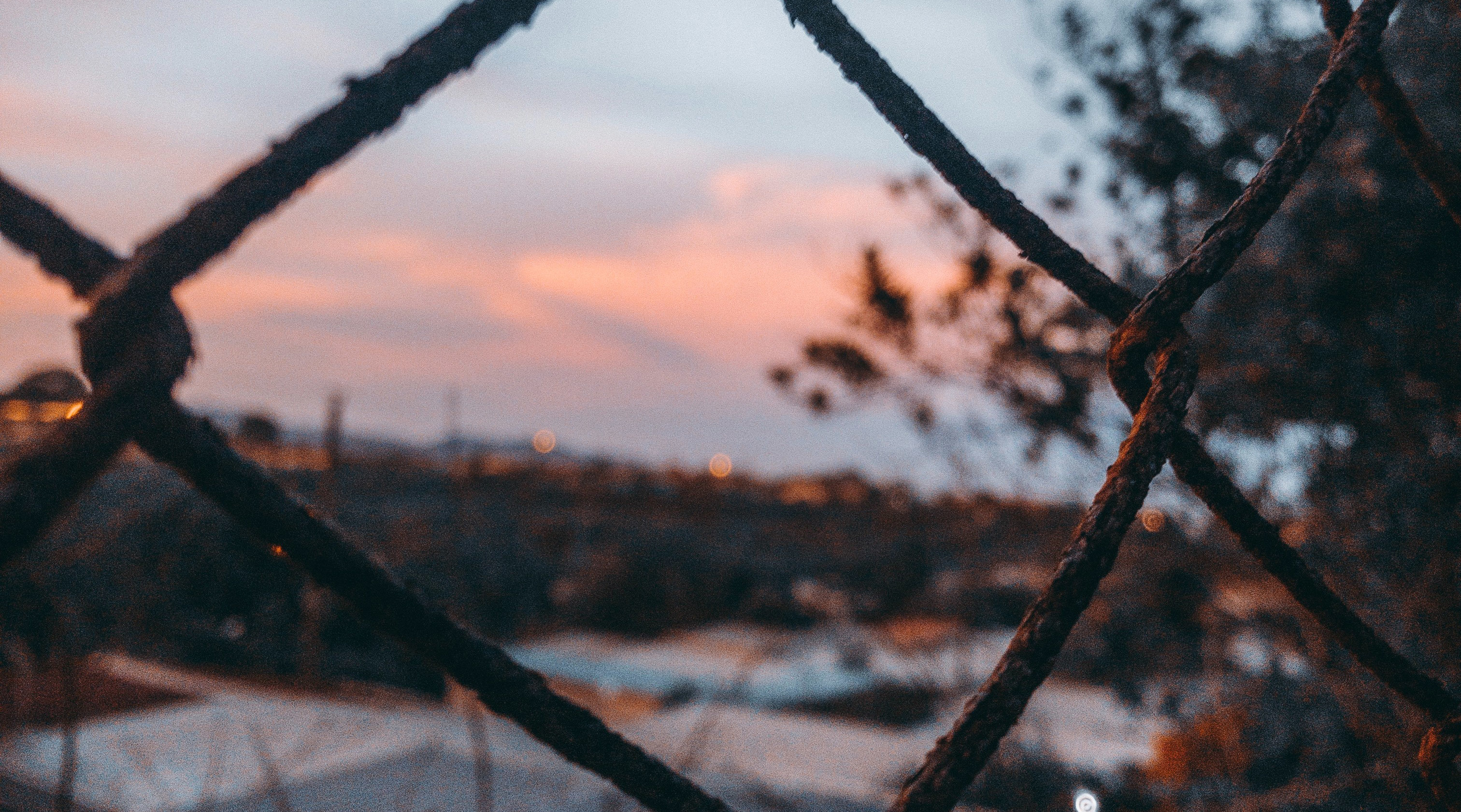 Gitterzaun vor einem verwaschenen Sonnenuntergang mit blauem Himmel und verschwommenen Bäumen – Symbol für Sicherheit und Schutz, das zu den Sicherheitsleistungen von Limburger Sicherheitstechnik passt.